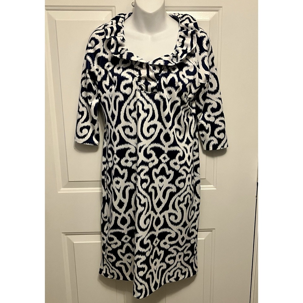 Gretchen Scott Sz XS Jersey Ruffneck Sheath Dress‎ Blue White Career Women's